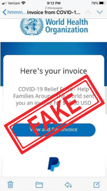 Cybercriminals send fake invoices for COVID response fund donations.
