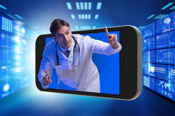 telehealth video tech tools and hipaa compliance blog by 24By7Security Doctor coming out of smartphone
